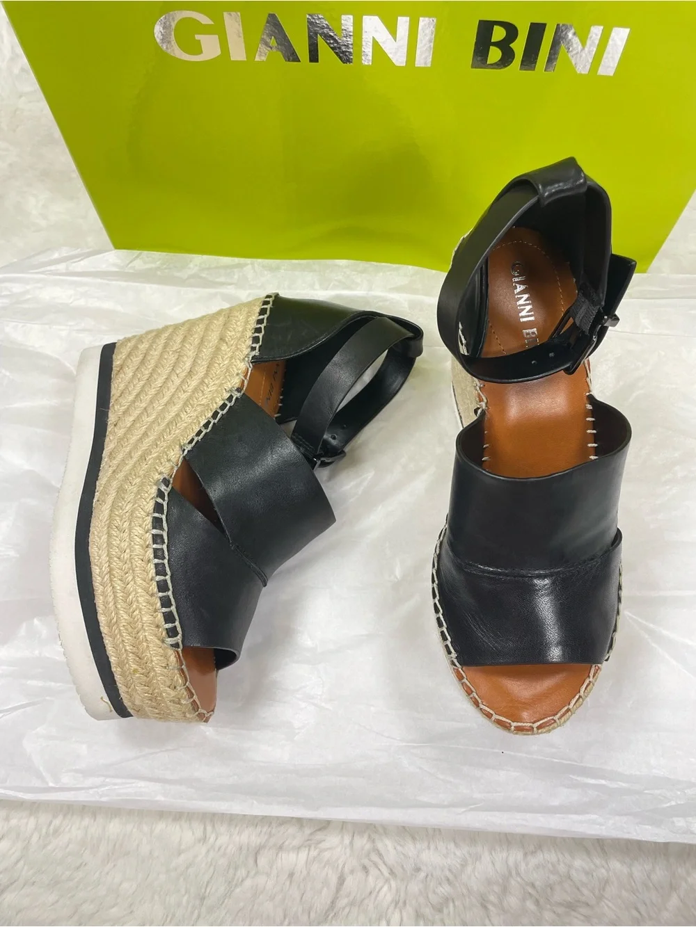 Gianni Bini Black Leather Espadrille Wedge Sandals Size 6.5